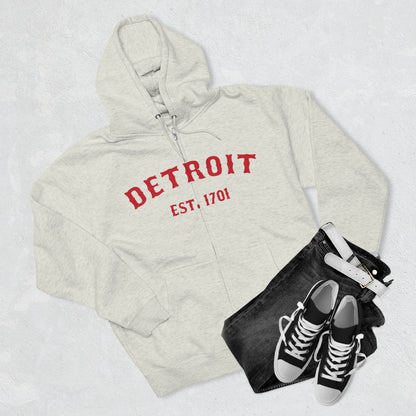 'Detroit EST. 1701' Hoodie (Aliform Red Ballpark Font) | Unisex Full Zip