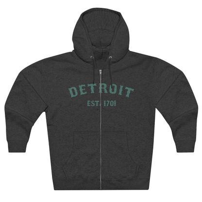 'Detroit EST. 1701' Hoodie (Copper Green Ballpark Font) | Unisex Full Zip