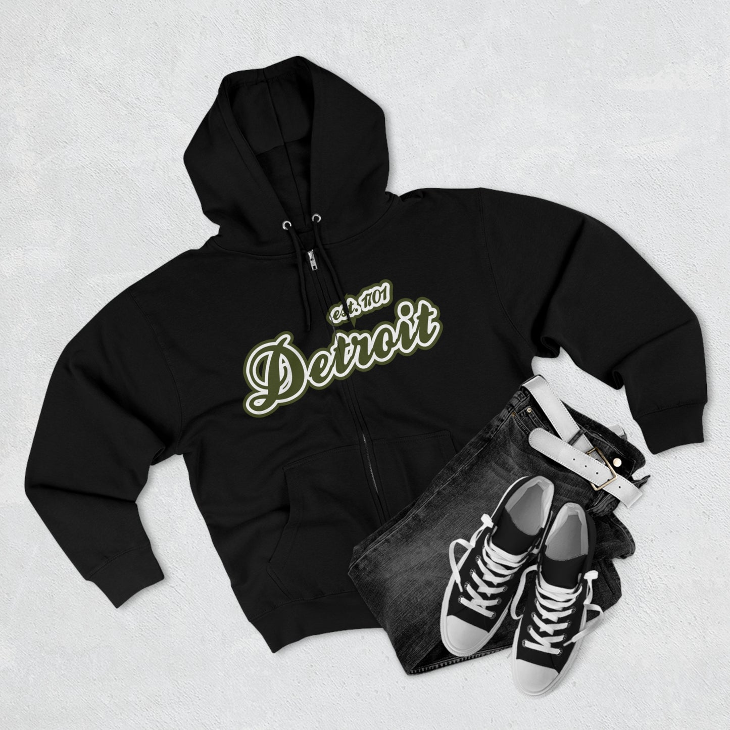 'Detroit EST 1701' Hoodie (Army Green Script Font) | Unisex Full Zip