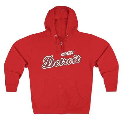 'Detroit EST 1701' Hoodie (Ore Dock Red Script Font) | Unisex Full Zip