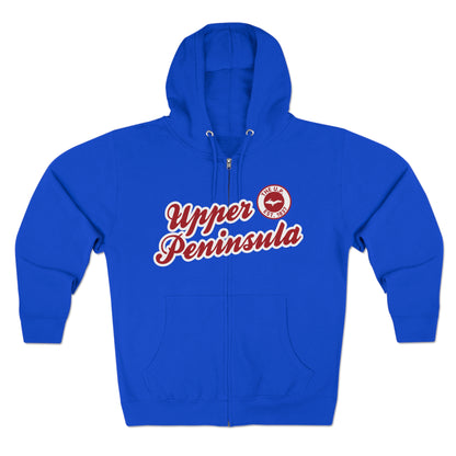 'Upper Peninsula EST 1837' Hoodie (Thimbleberry Red Script Font) | Unisex Full Zip