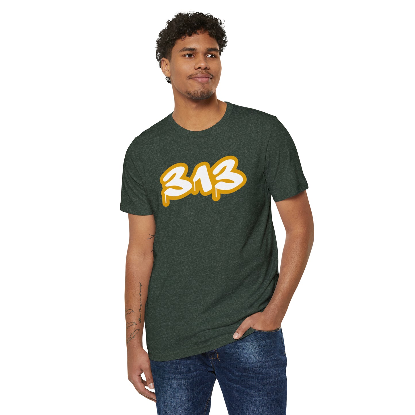 Detroit '313' T-Shirt (Tag Font w/ Gold Stroke) | Unisex Recycled Organic
