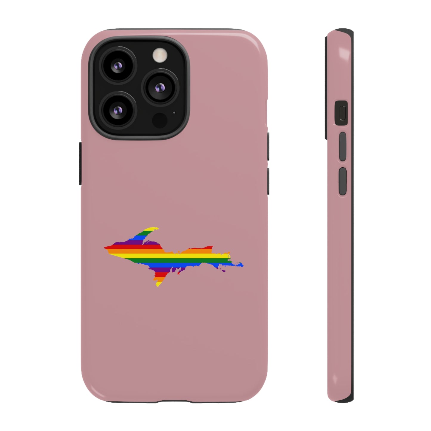 Michigan Upper Peninsula Tough Phone Case (Cherry Blossom Pink w/ UP Pride Flag Outline) | Apple iPhone