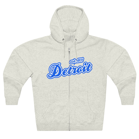 'Detroit EST 1701' Hoodie (Motor Town Blue Script Font) | Unisex Full Zip