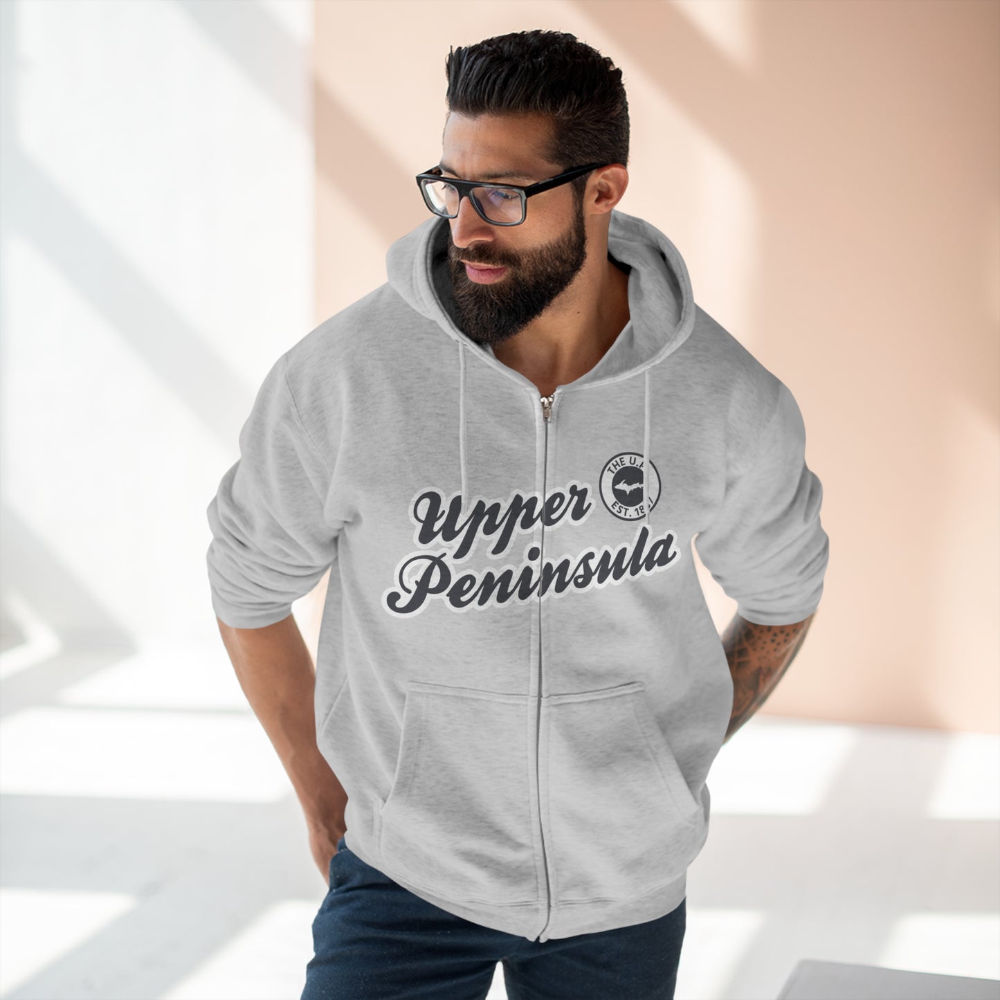 'Upper Peninsula EST 1837' Hoodie (Iron Ore Grey Script Font) | Unisex Full Zip