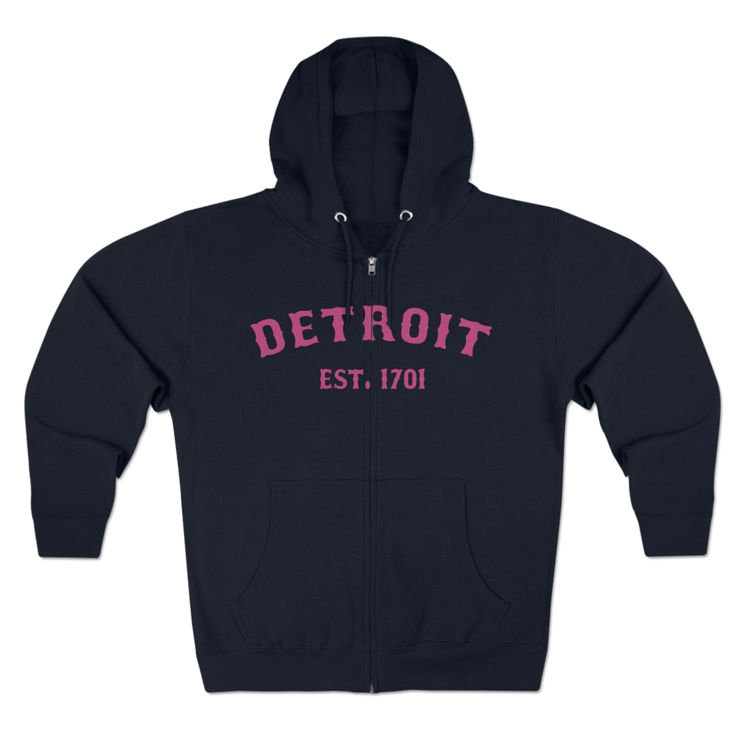 'Detroit EST. 1701' Hoodie (Apple Blossom Pink Ballpark Font) | Unisex Full Zip