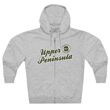 'Upper Peninsula EST 1837' Hoodie (Army Green Script Font) | Unisex Full Zip