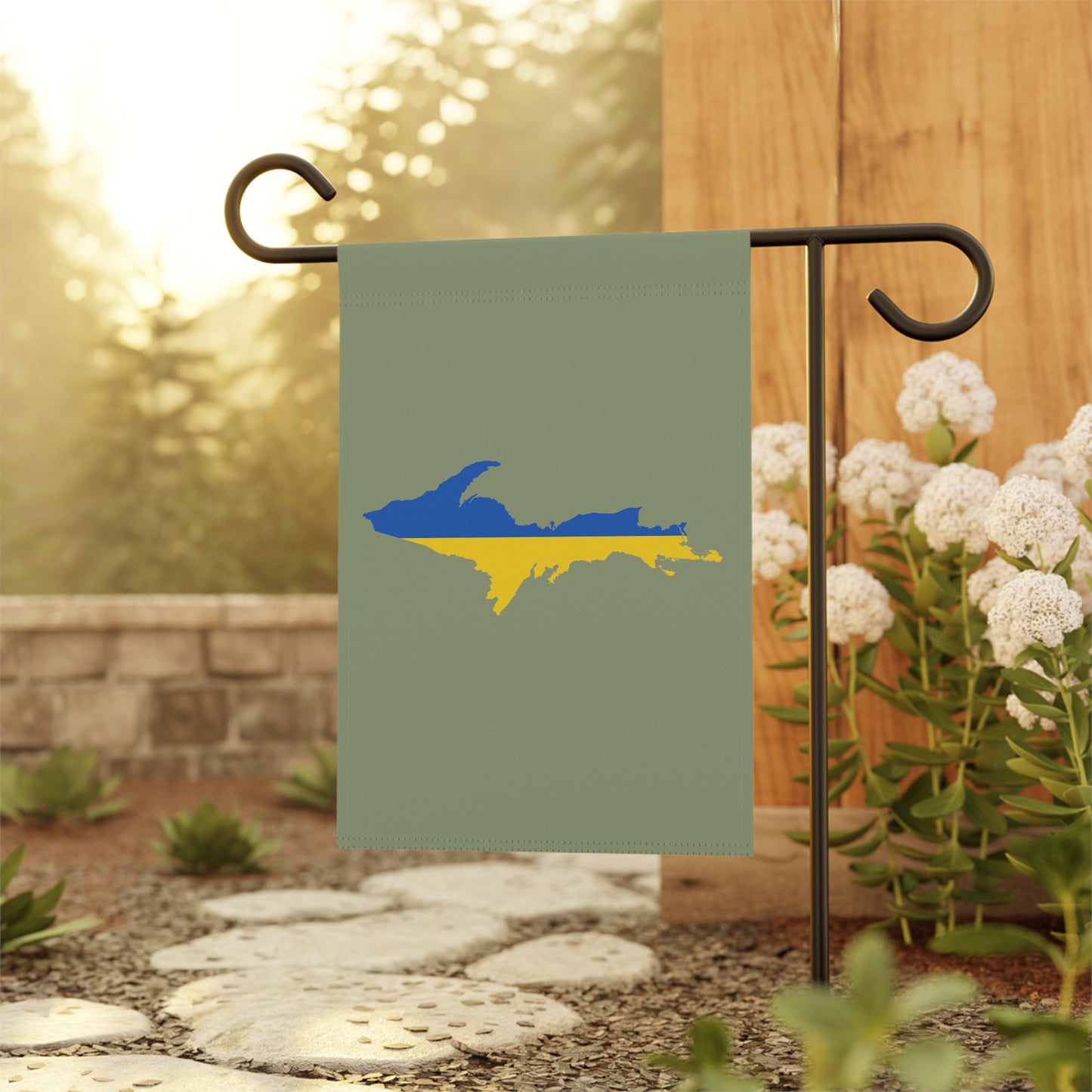 Michigan Upper Peninsula Home & Garden Flag (w/ UP Ukraine Flag) | Beachgrass Green