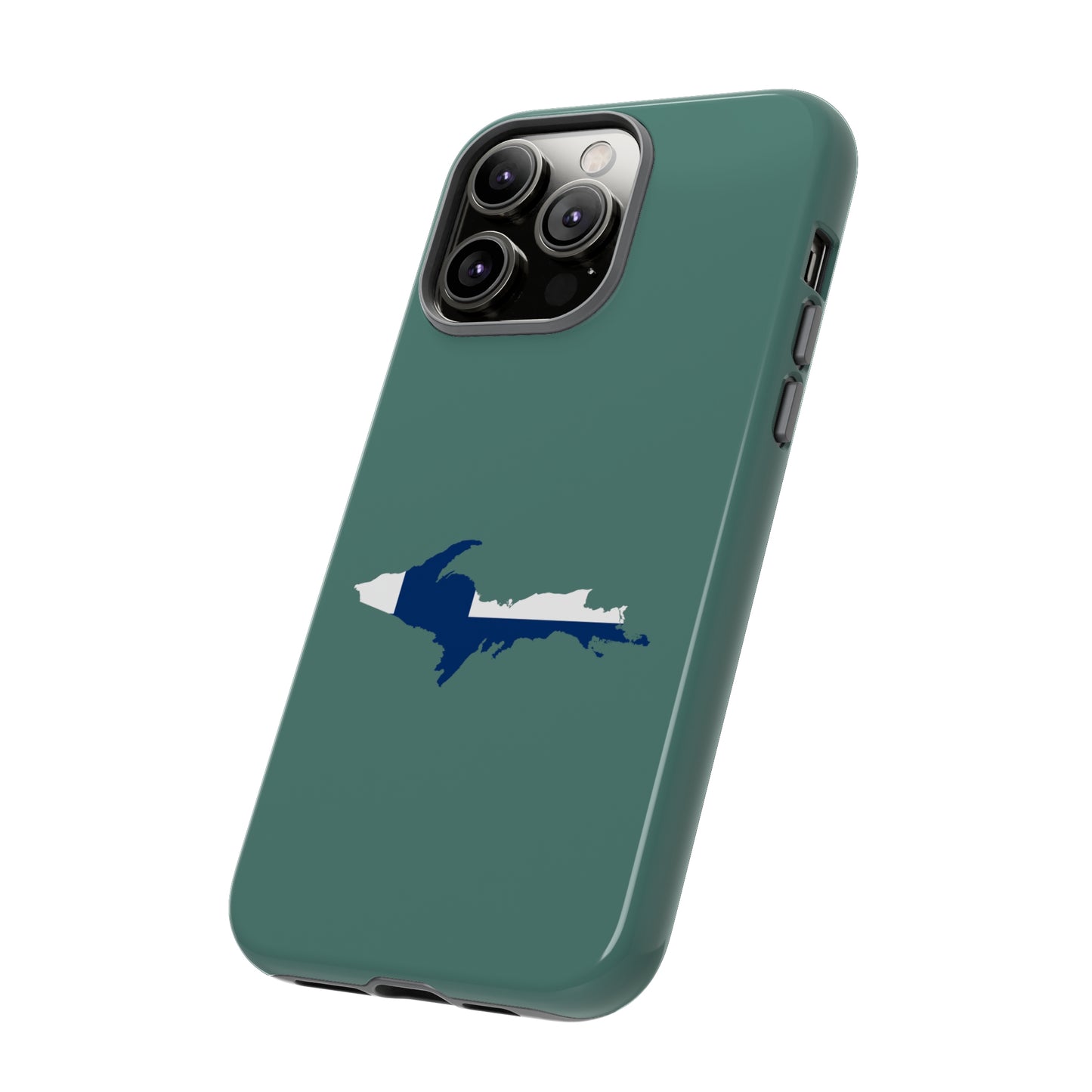 Michigan Upper Peninsula Tough Phone Case (Copper Green w/ UP Finland Flag Outline) | Apple iPhone