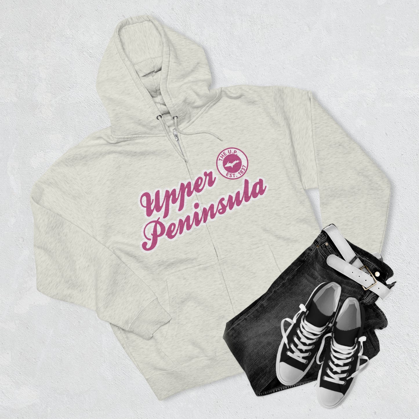 'Upper Peninsula EST 1837' Hoodie (Apple Blossom Pink Script Font) | Unisex Full Zip