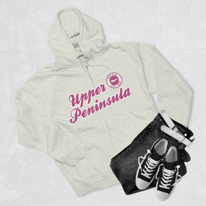 'Upper Peninsula EST 1837' Hoodie (Apple Blossom Pink Script Font) | Unisex Full Zip