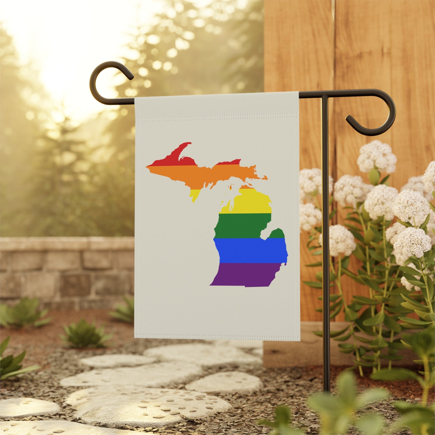 Michigan Rainbow Pride Garden Banner (w/ MI Outline) | Ivory White