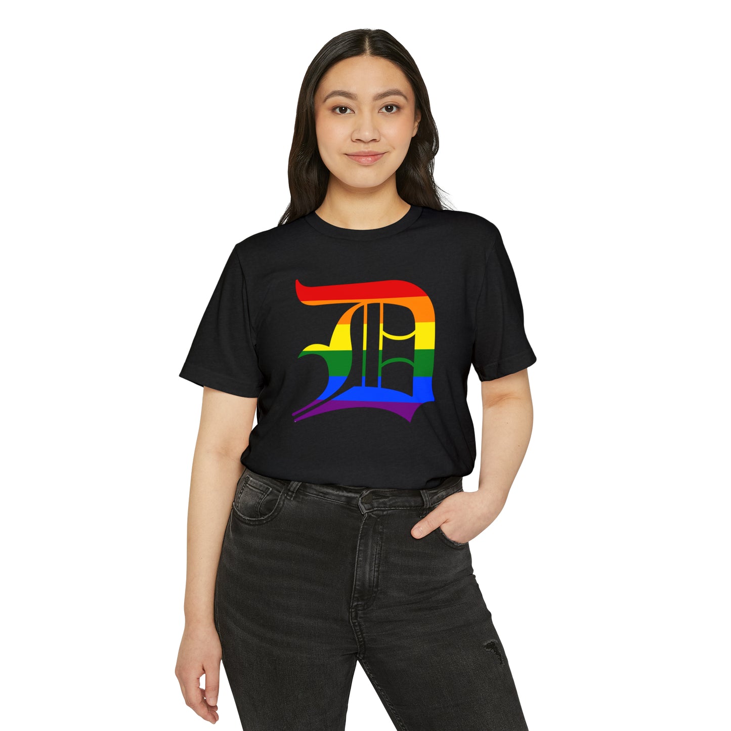 Detroit 'Old English D' T-Shirt (Rainbow Pride Edition) | Unisex Recycled Organic