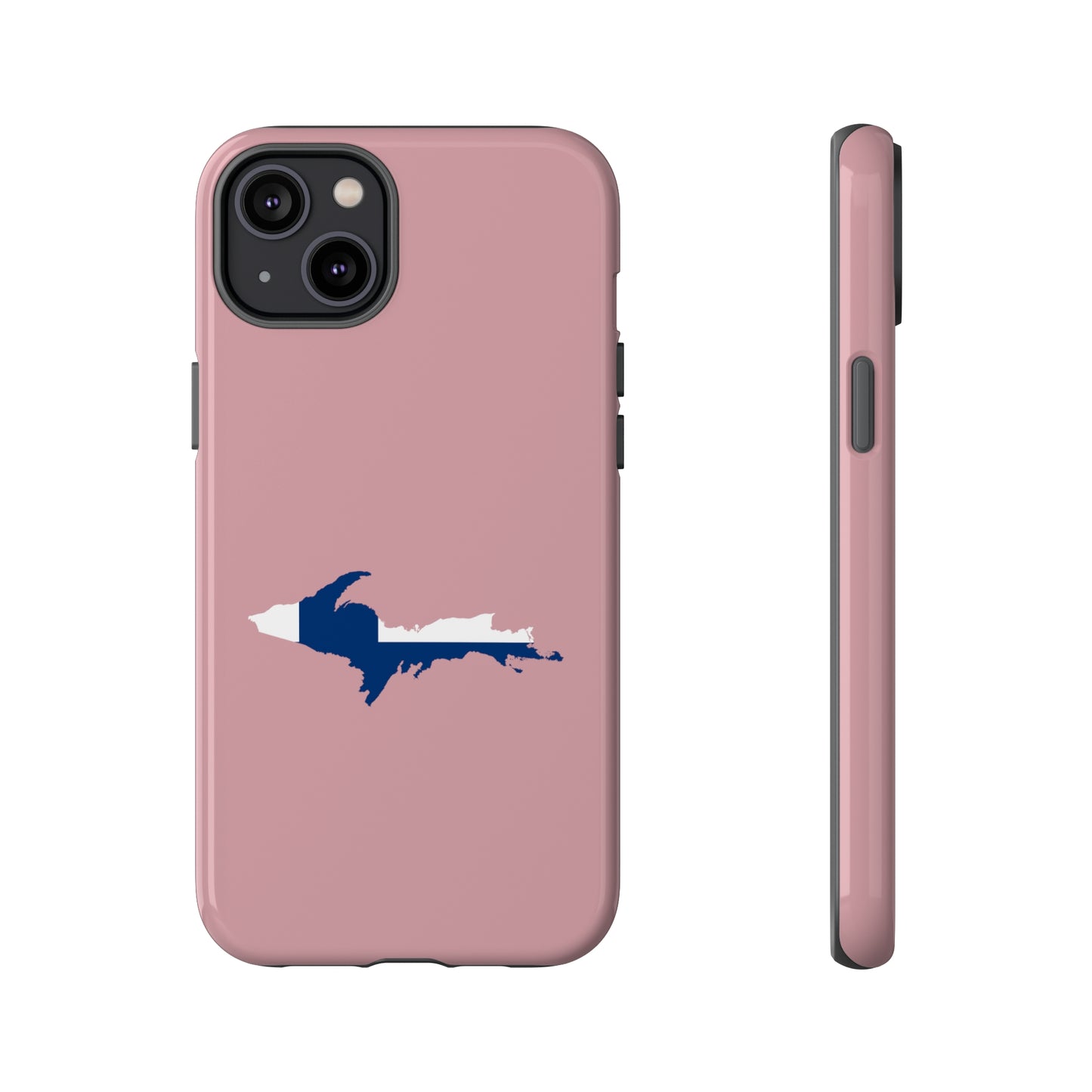 Michigan Upper Peninsula Tough Phone Case (Cherry Blossom Pink w/ UP Finland Flag Outline) | Apple iPhone