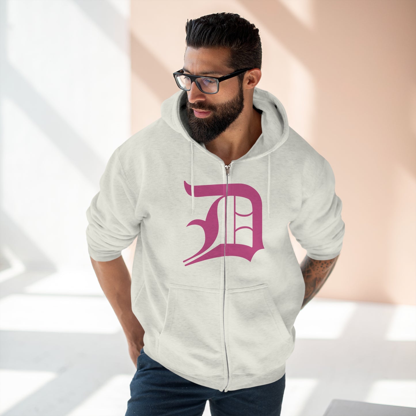 Detroit 'Old English D' Hoodie (Full-Body Apple Blossom Pink) | Unisex Full Zip