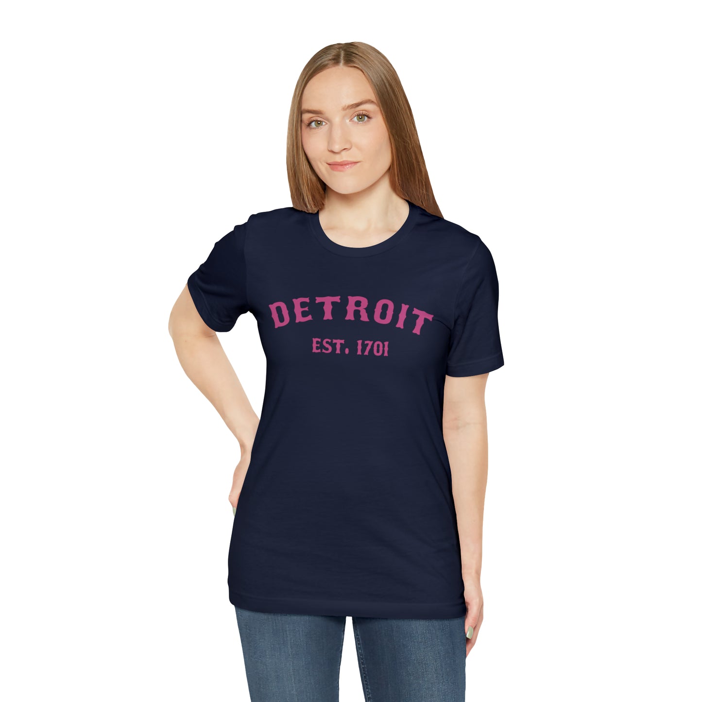 'Detroit EST. 1701' T-Shirt (Apple Blossom Pink Ballpark Font) | Unisex Standard