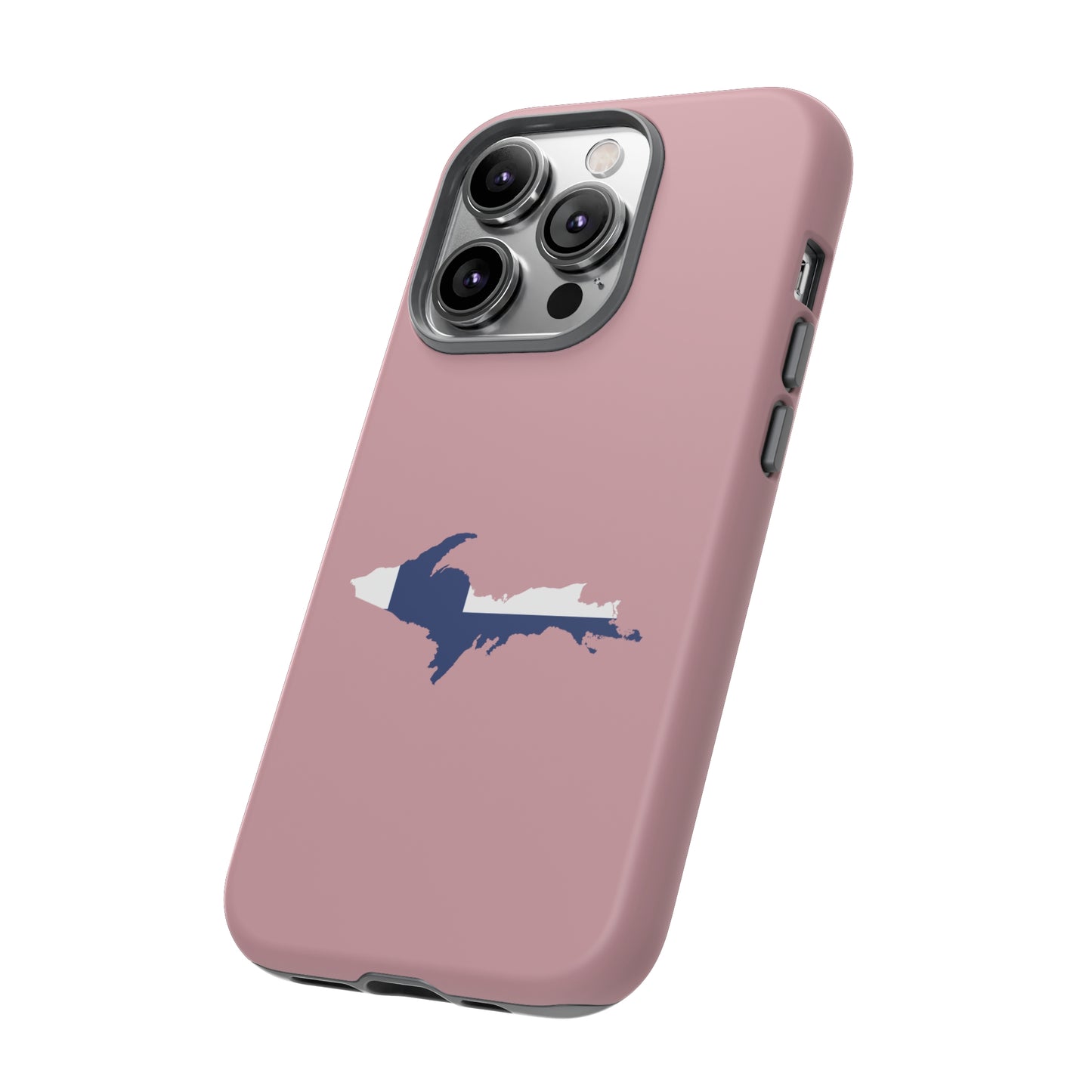 Michigan Upper Peninsula Tough Phone Case (Cherry Blossom Pink w/ UP Finland Flag Outline) | Apple iPhone