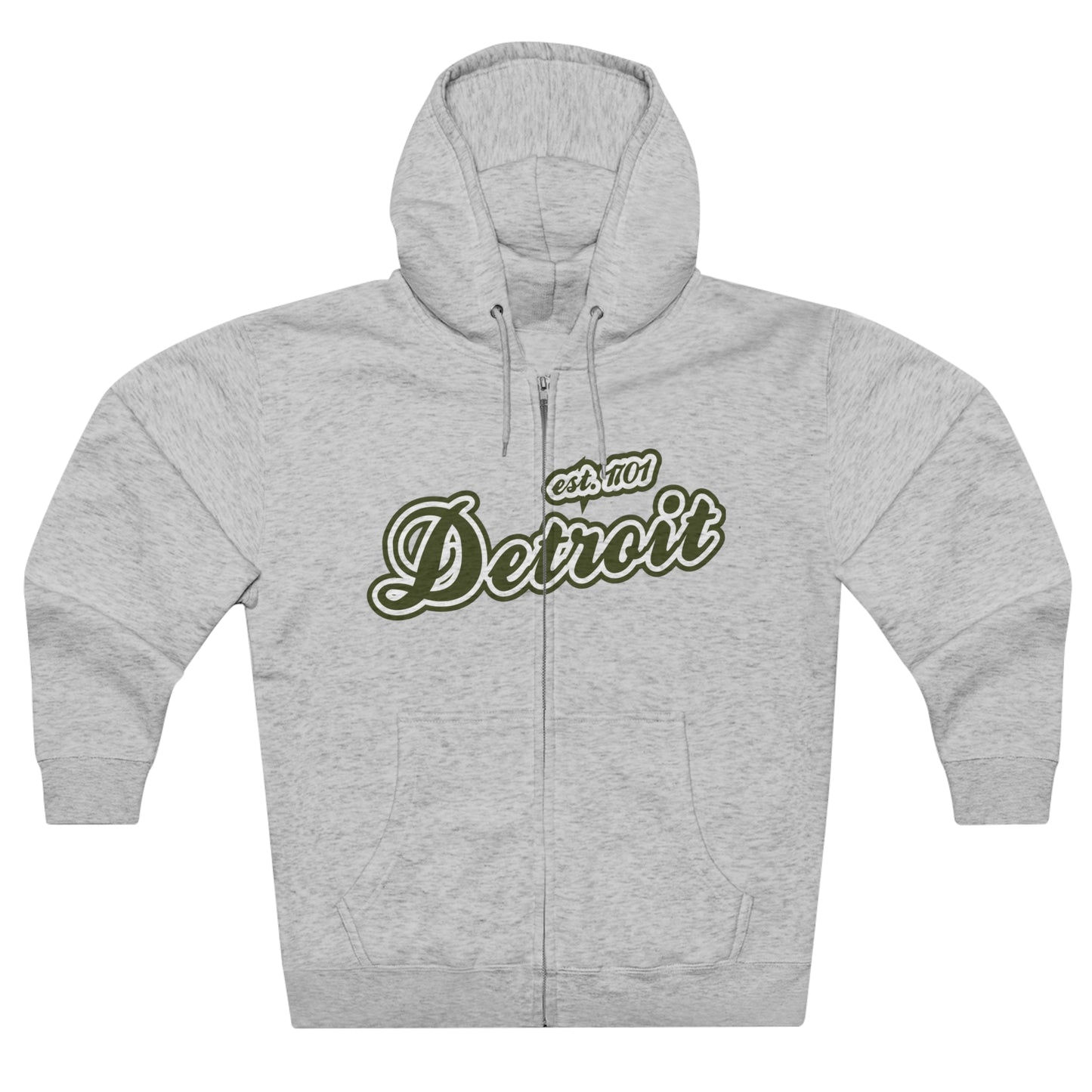 'Detroit EST 1701' Hoodie (Army Green Script Font) | Unisex Full Zip