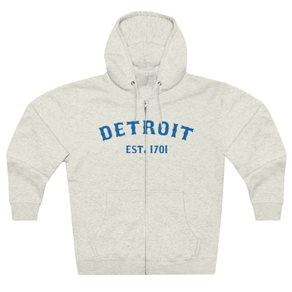 'Detroit EST. 1701' Hoodie (Azure Ballpark Font) | Unisex Full Zip