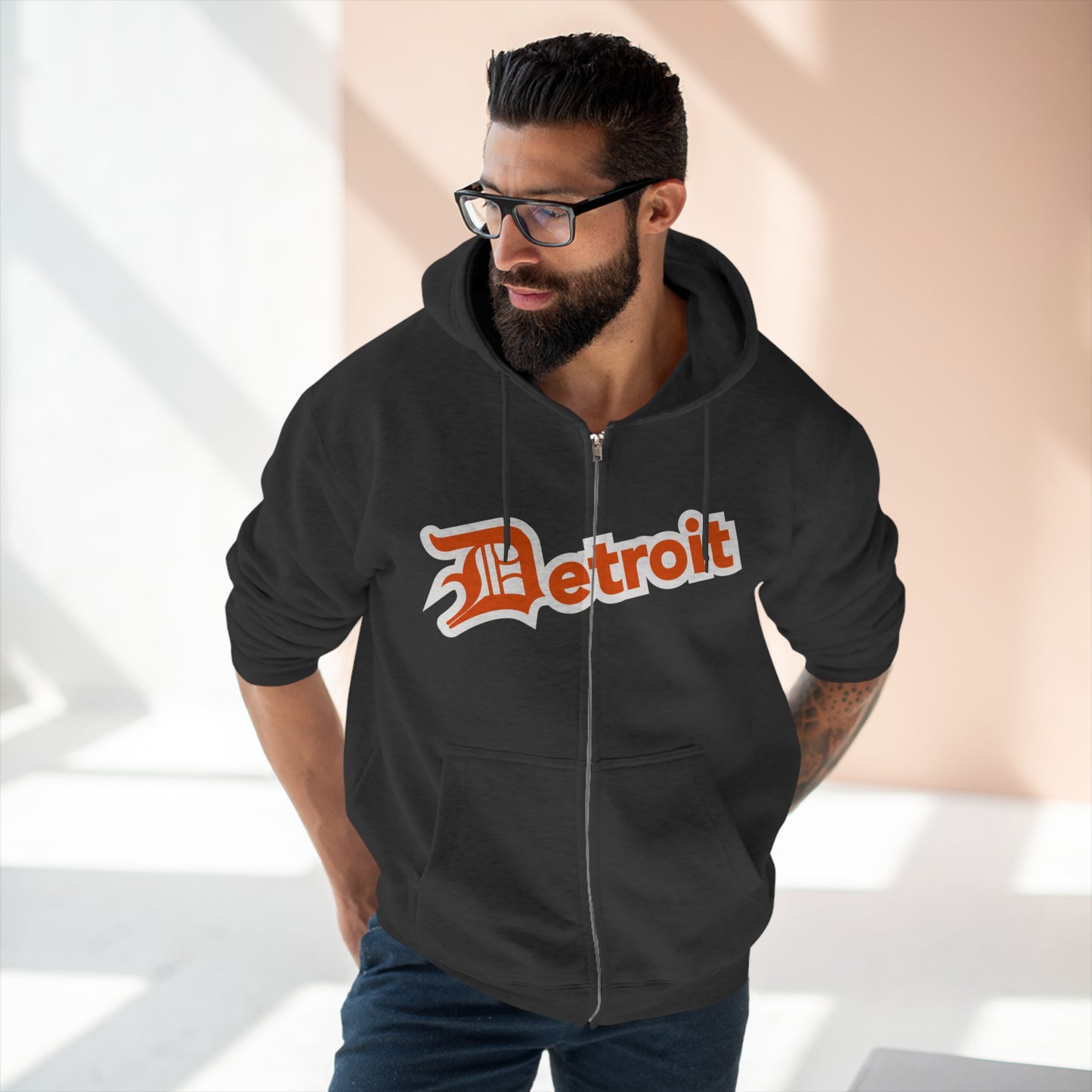 'Detroit' Hoodie (Maple Leaf Orange w/ Old English 'D') | Unisex Full Zip