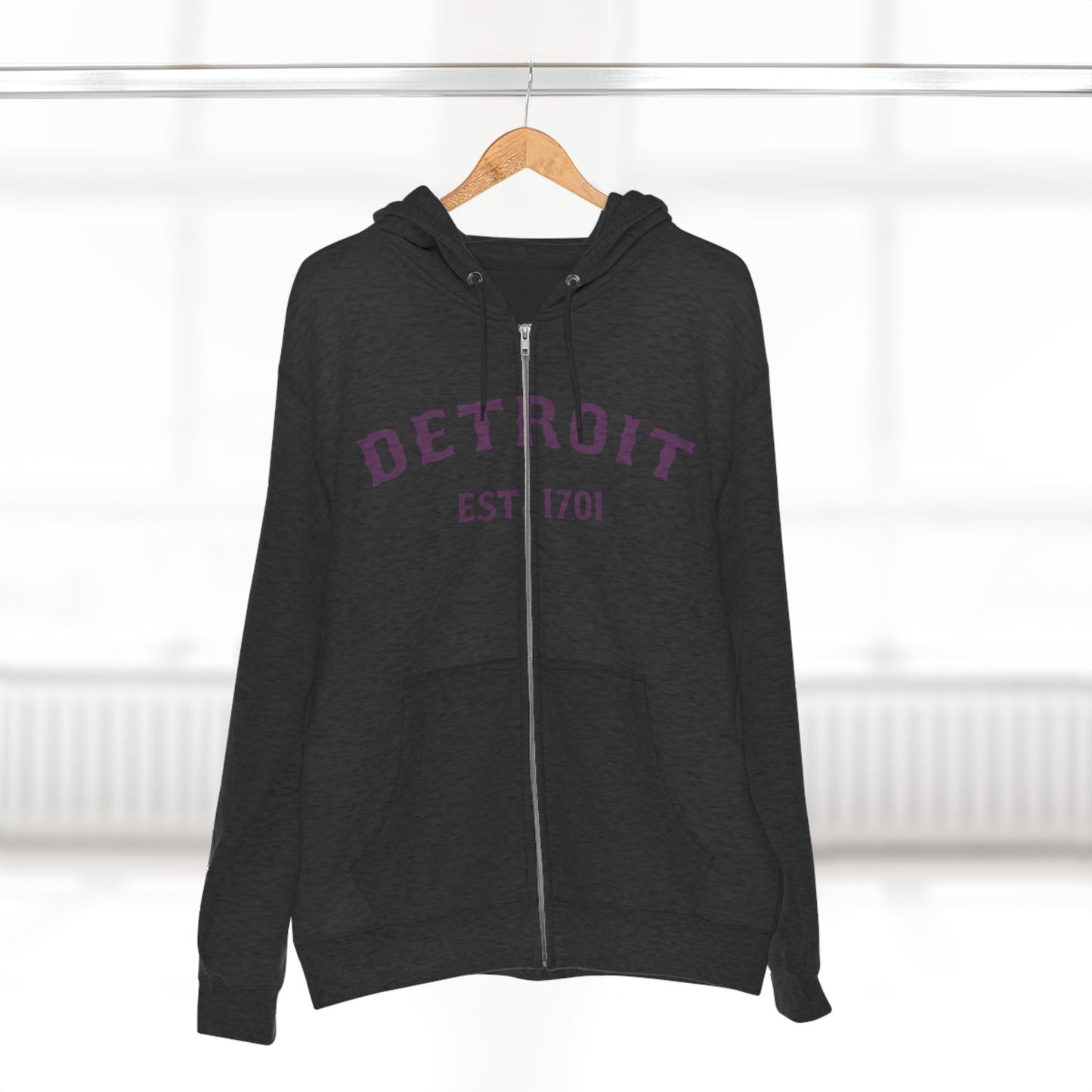 'Detroit EST. 1701' Hoodie (Plum Ballpark Font) | Unisex Full Zip