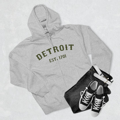 'Detroit EST. 1701' Hoodie (Army Green Ballpark Font) | Unisex Full Zip