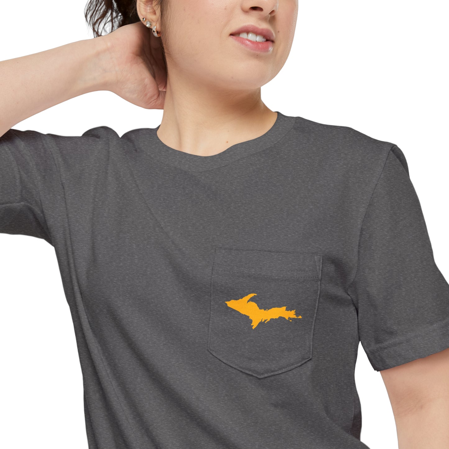 Michigan Upper Peninsula Pocket T-Shirt (w/ Gold UP Outline) | Unisex Standard