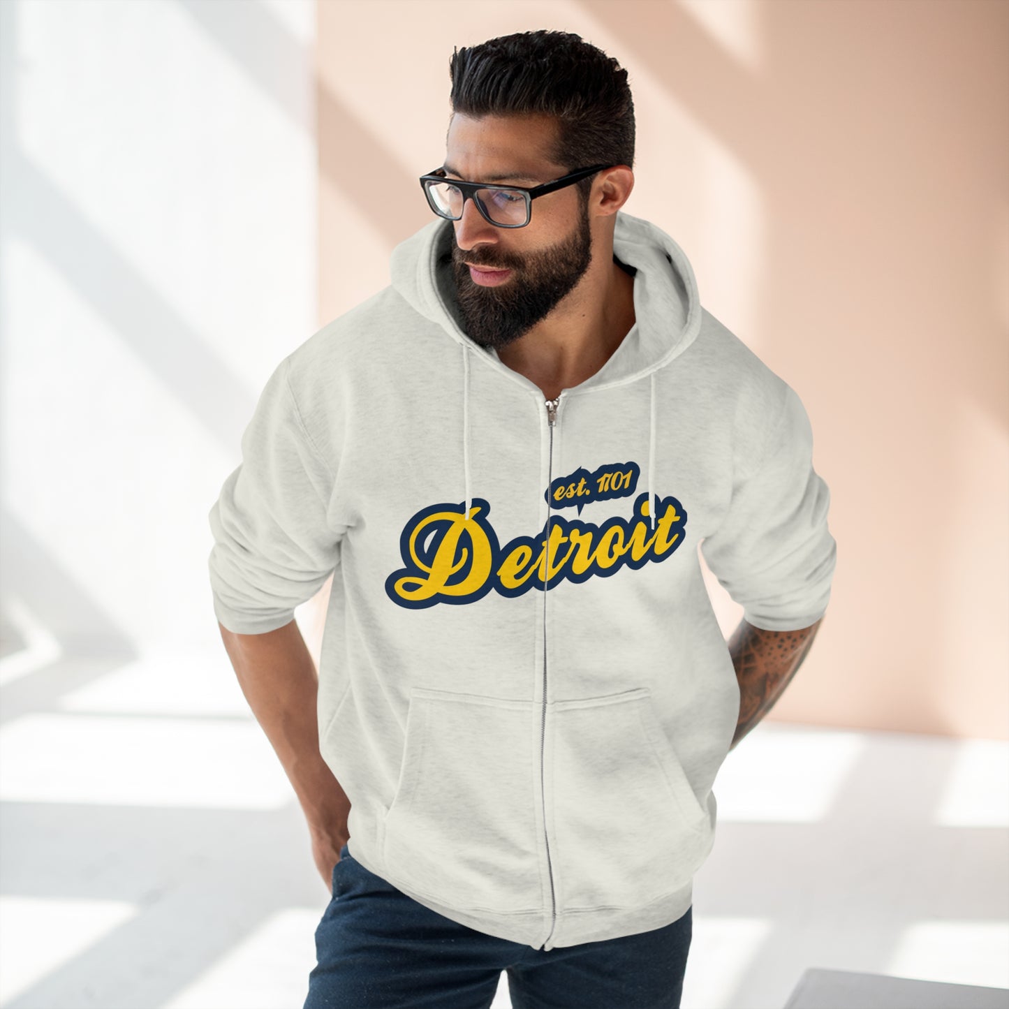 Detroit EST 1701' Hoodie (Gold/Navy Script Font) | Unisex Full Zip