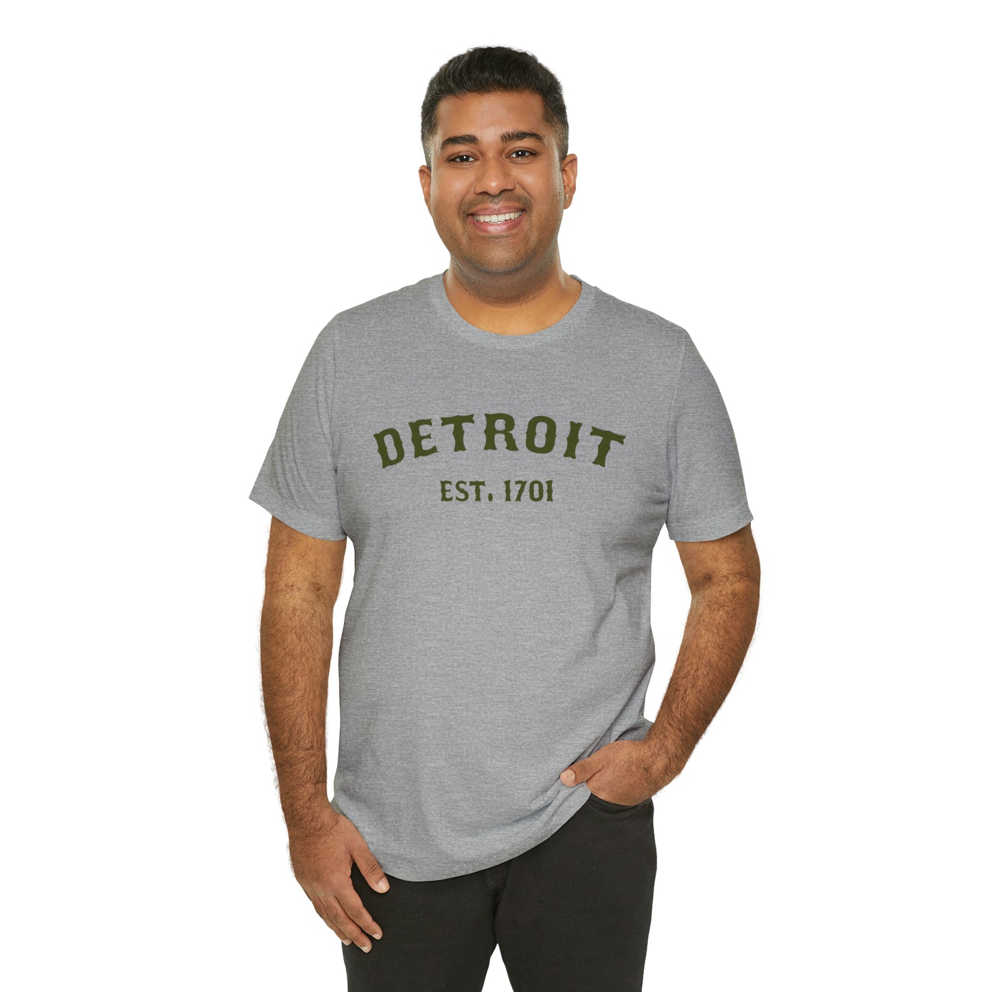 'Detroit EST. 1701' T-Shirt (Army Green Ballpark Font) | Unisex Standard