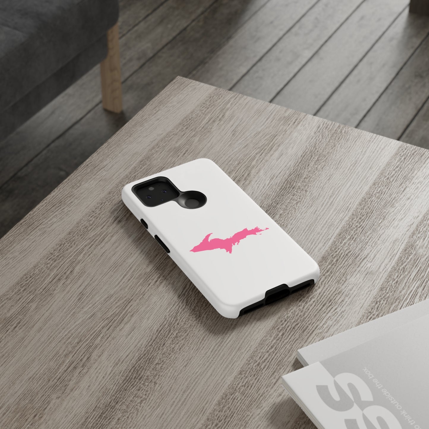 Michigan Upper Peninsula Tough Phone Case (Birch Bark White w/ Pink UP Outline) | Samsung & Pixel Android