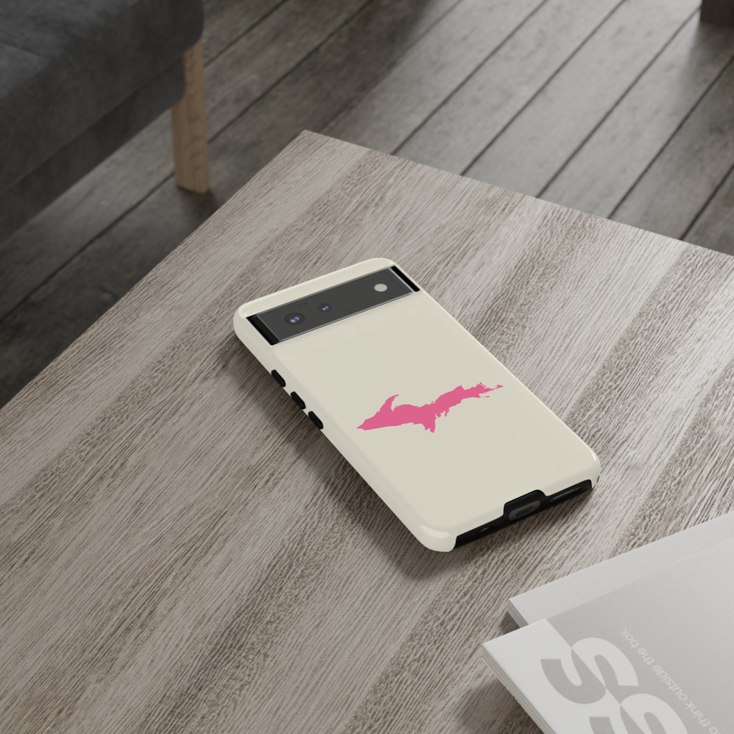 Michigan Upper Peninsula Tough Phone Case (Ivory Color w/ Pink UP Outline) | Samsung & Pixel Android