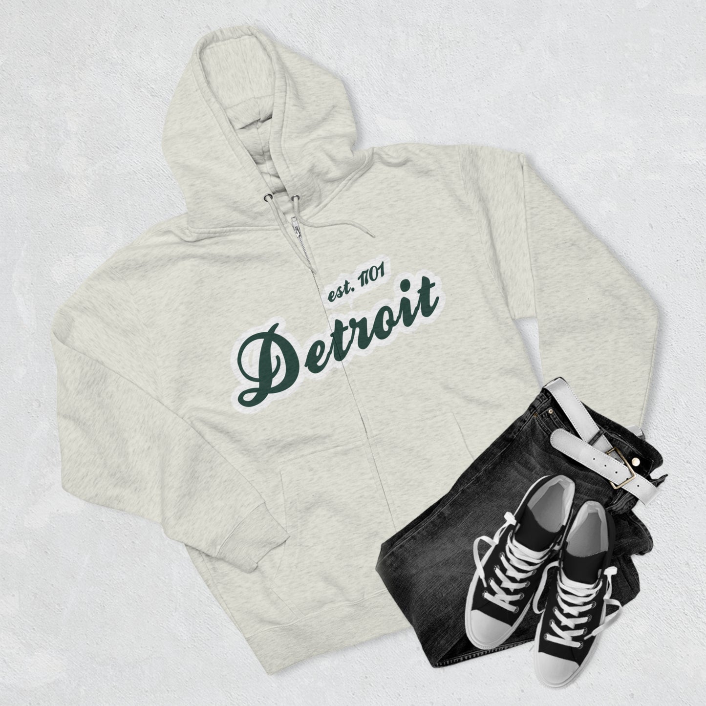 'Detroit EST 1701' Hoodie (Laconic Green Script Font) | Unisex Full Zip