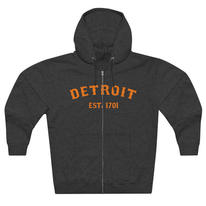 'Detroit EST. 1701' Hoodie (Orange Ballpark Font) | Unisex Full Zip