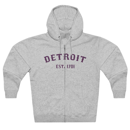 'Detroit EST. 1701' Hoodie (Plum Ballpark Font) | Unisex Full Zip