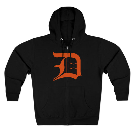 Detroit 'Old English D' Hoodie (Full-Body Maple Leaf Orange) | Unisex Full Zip