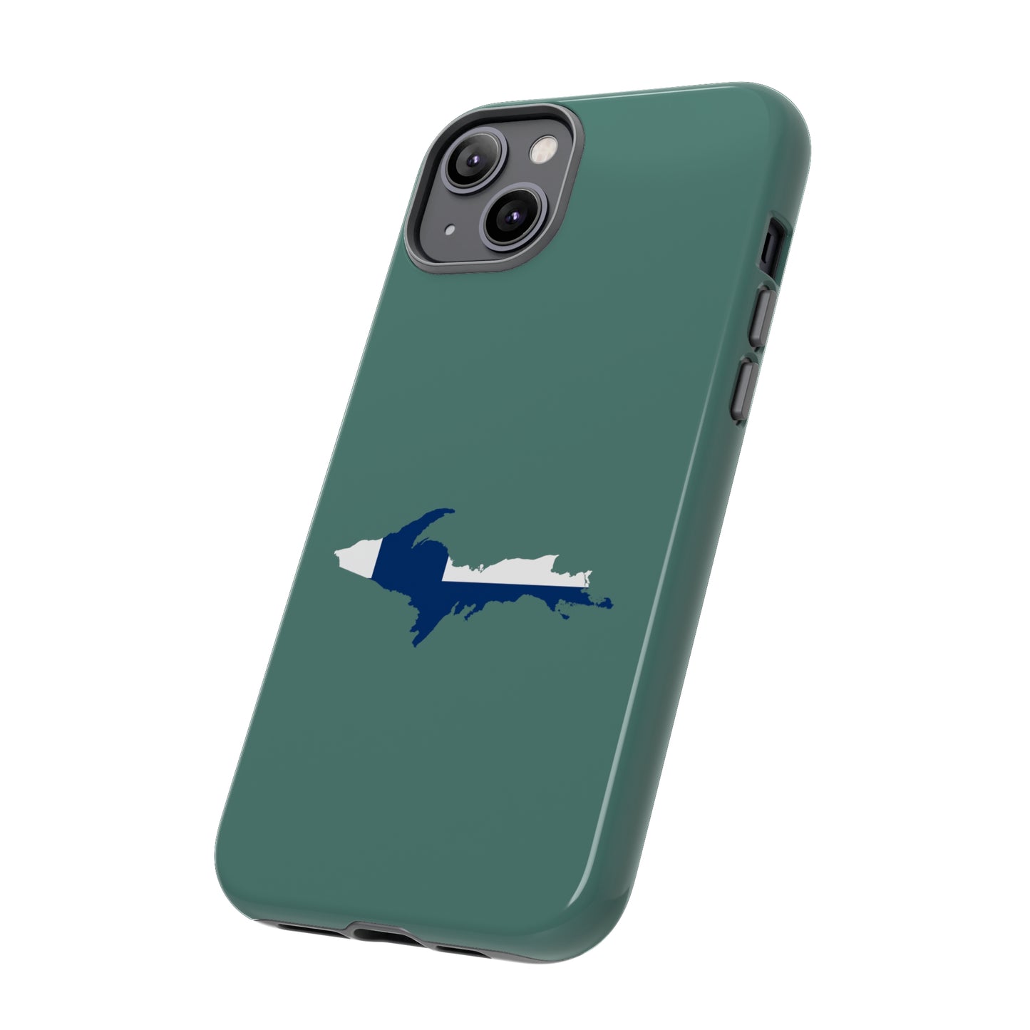 Michigan Upper Peninsula Tough Phone Case (Copper Green w/ UP Finland Flag Outline) | Apple iPhone