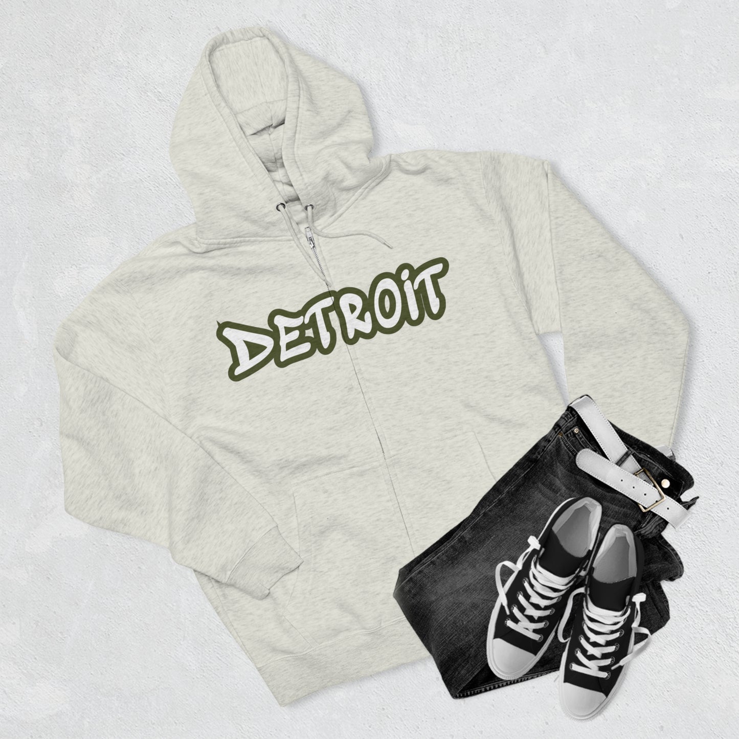 Detroit' Hoodie (Army Green Tag Font) | Unisex Full Zip