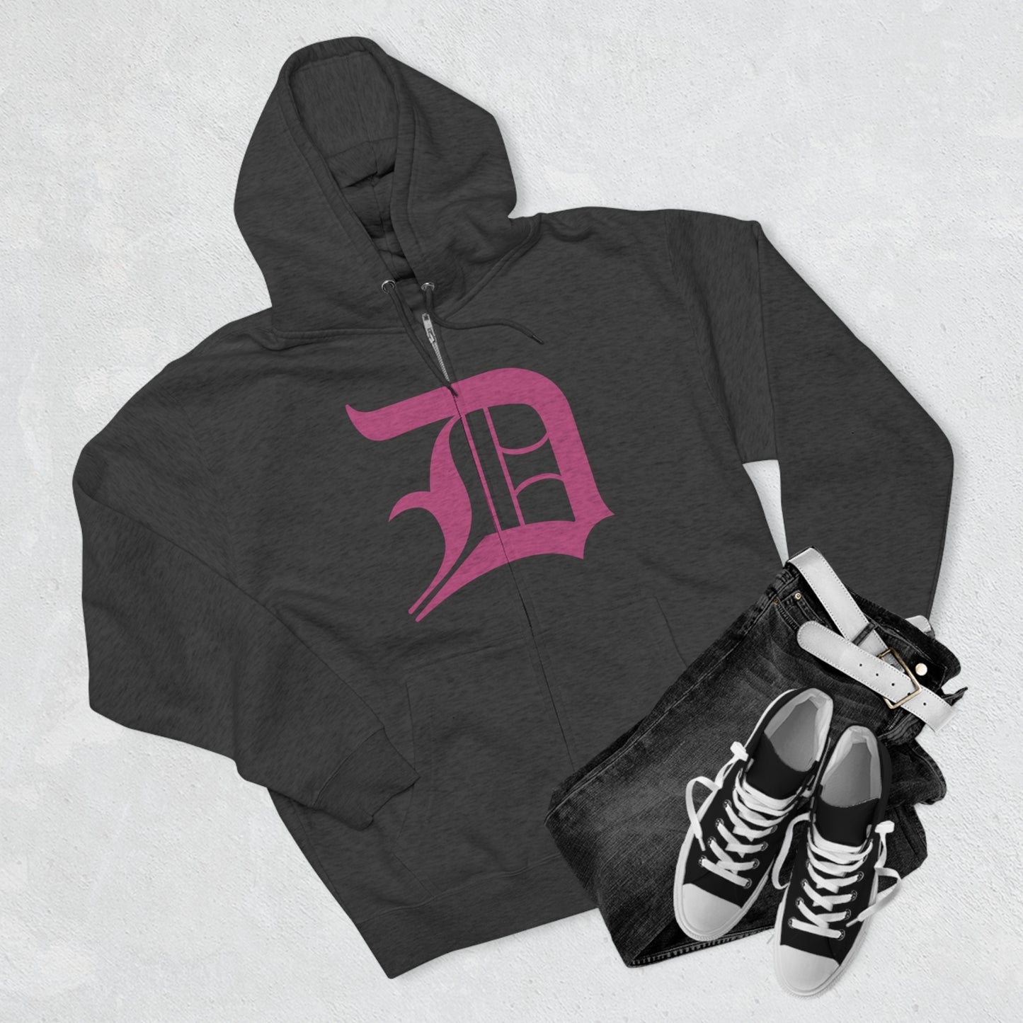 Detroit 'Old English D' Hoodie (Full-Body Apple Blossom Pink) | Unisex Full Zip