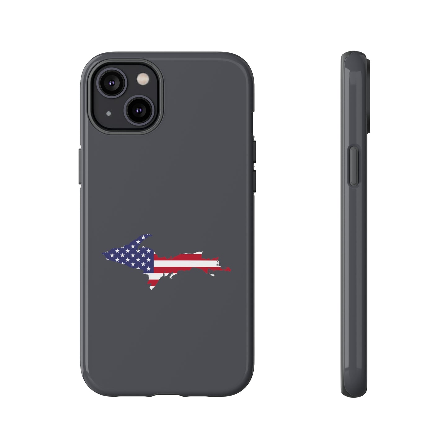 Michigan Upper Peninsula Tough Phone Case (Iron Ore Grey w/ UP USA Flag Outline) | Apple iPhone