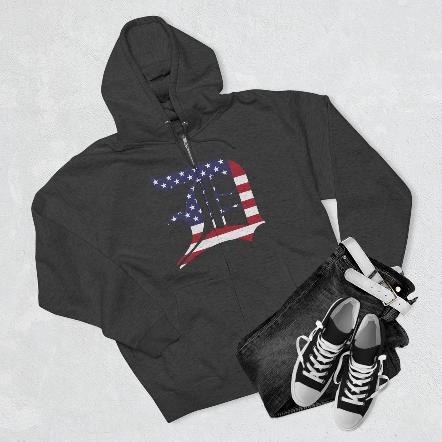 Detroit 'Old English D' Hoodie (Full-Body Patriotic Edition) | Unisex Full Zip