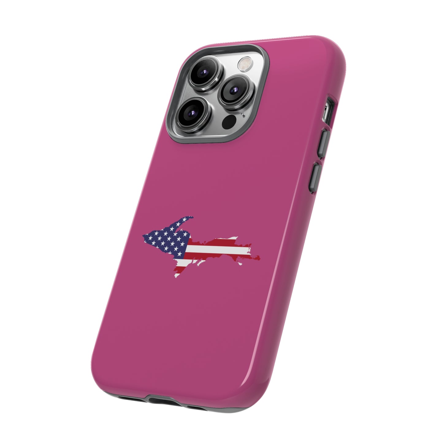 Michigan Upper Peninsula Tough Phone Case (Apple Blossom Pink w/ UP USA Flag Outline) | Apple iPhone