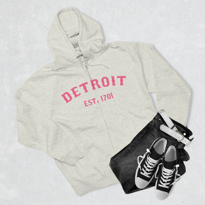 'Detroit EST. 1701' Hoodie (Rhodochrosite Pink Ballpark Font) | Unisex Full Zip