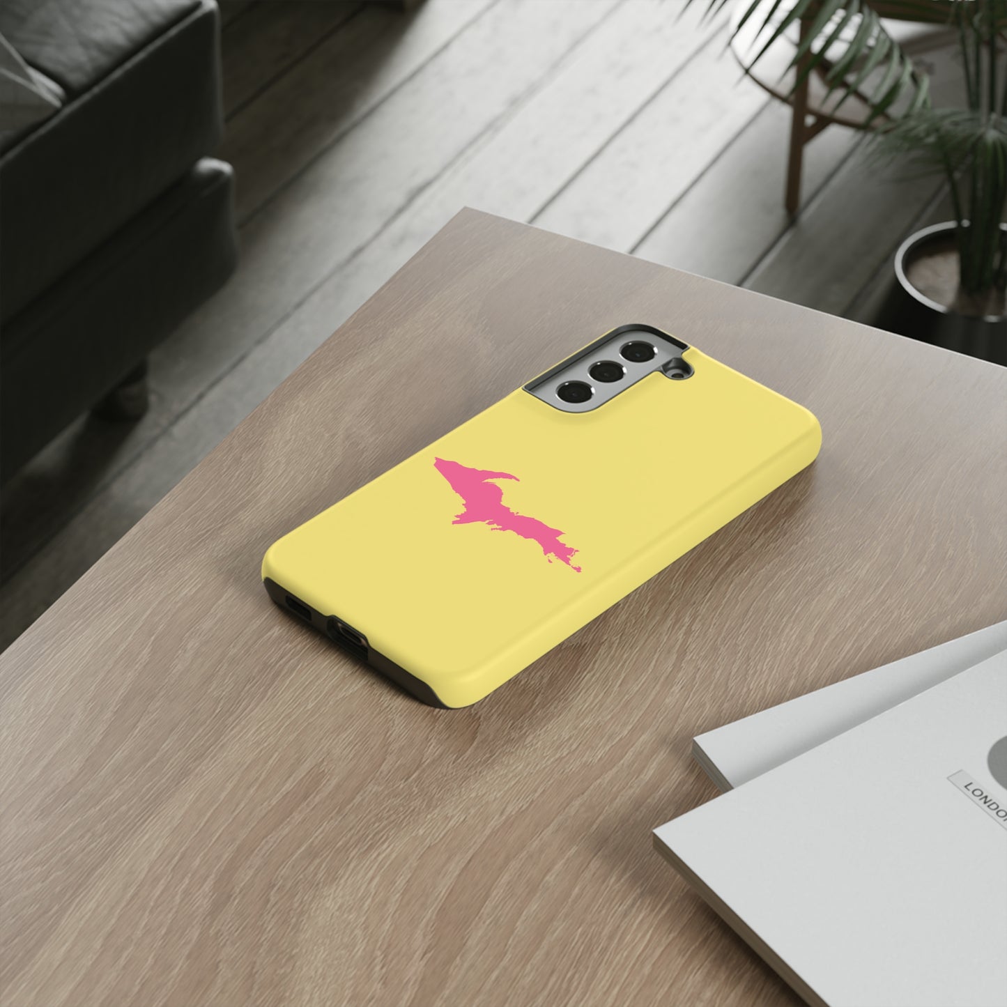 Michigan Upper Peninsula Tough Phone Case (Yellow Cherry Color w/ Pink UP Outline) | Samsung & Pixel Android