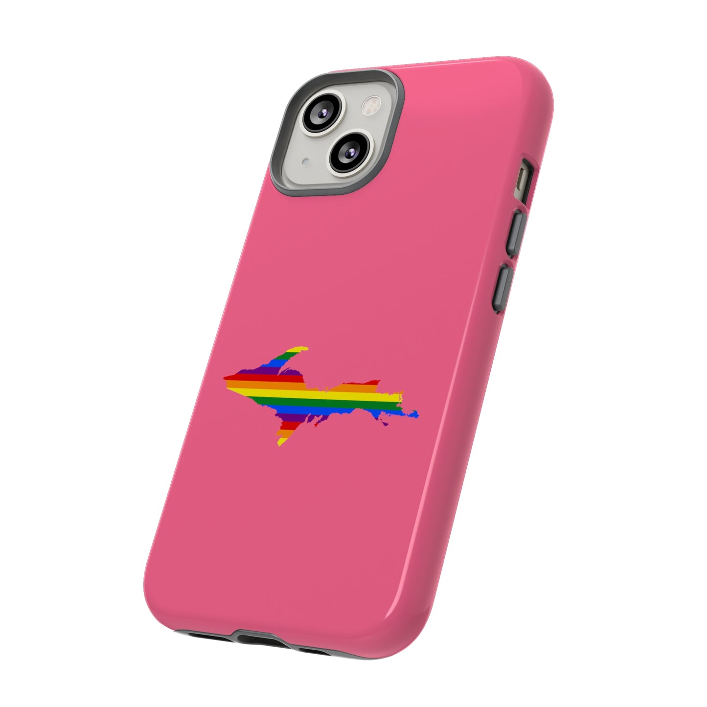 Michigan Upper Peninsula Tough Phone Case (Rhodochrosite Pink w/ UP Pride Flag Outline) | Apple iPhone