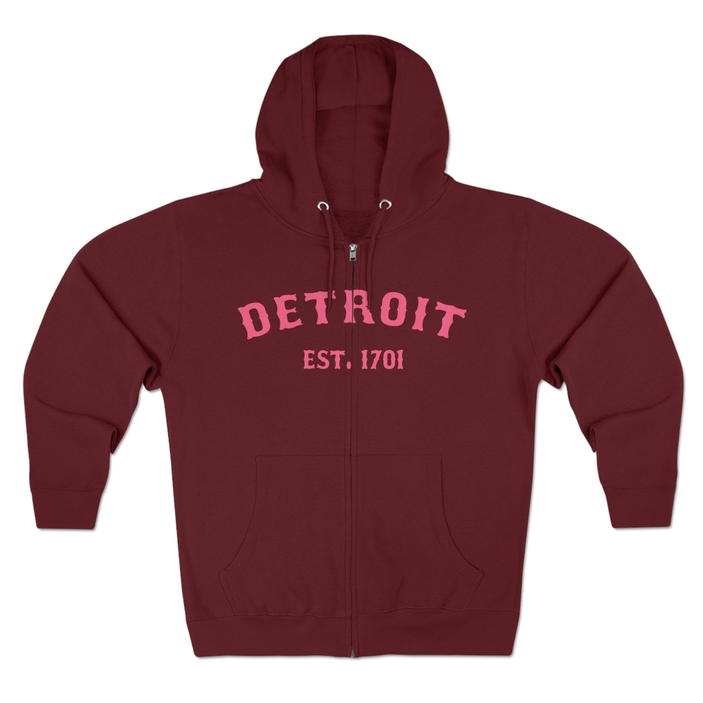 'Detroit EST. 1701' Hoodie (Rhodochrosite Pink Ballpark Font) | Unisex Full Zip