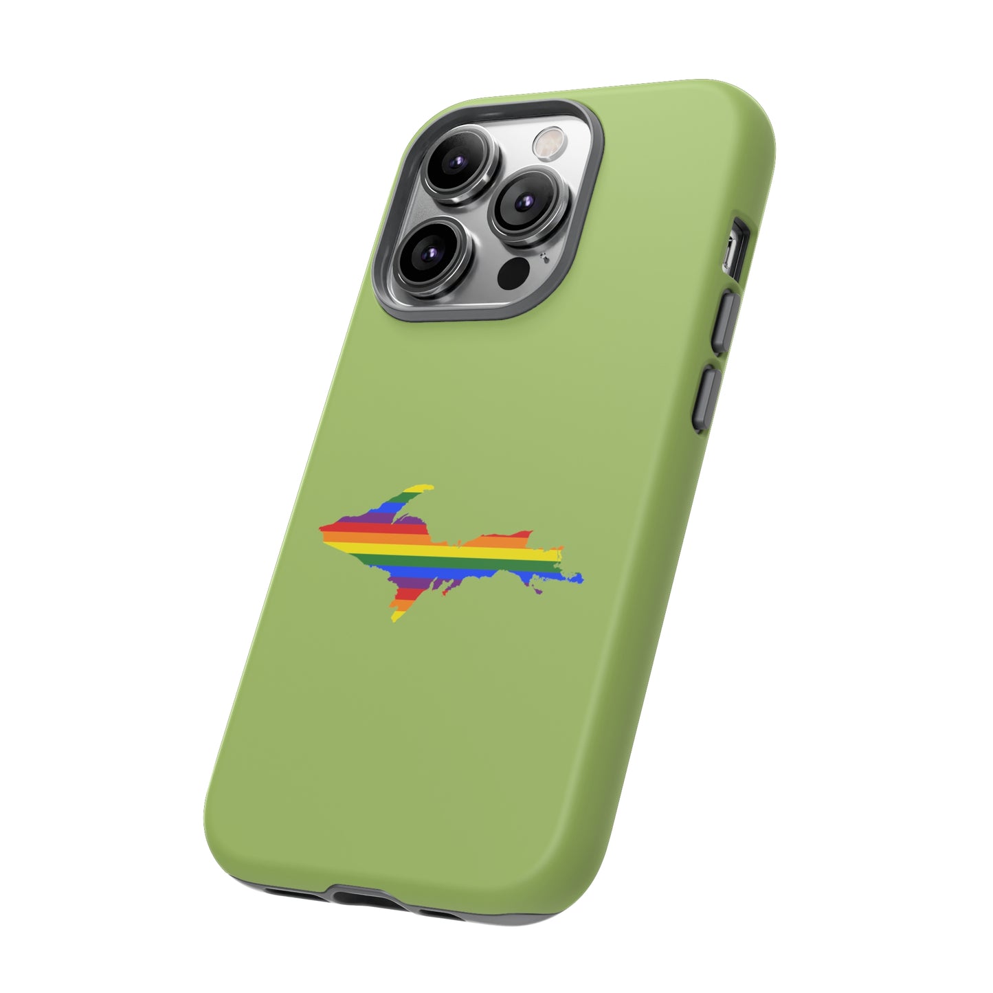 Michigan Upper Peninsula Tough Phone Case (Gooseberry Green w/ UP Pride Flag Outline) | Apple iPhone