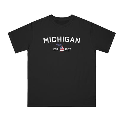 'Michigan EST 1837' T-Shirt (w/ MI USA Flag Outline)| Organic Unisex