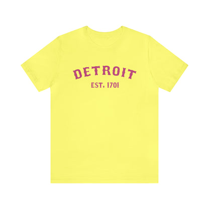 'Detroit EST. 1701' T-Shirt (Apple Blossom Pink Ballpark Font) | Unisex Standard