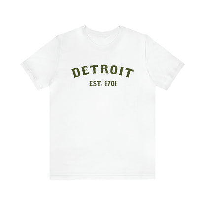 'Detroit EST. 1701' T-Shirt (Army Green Ballpark Font) | Unisex Standard