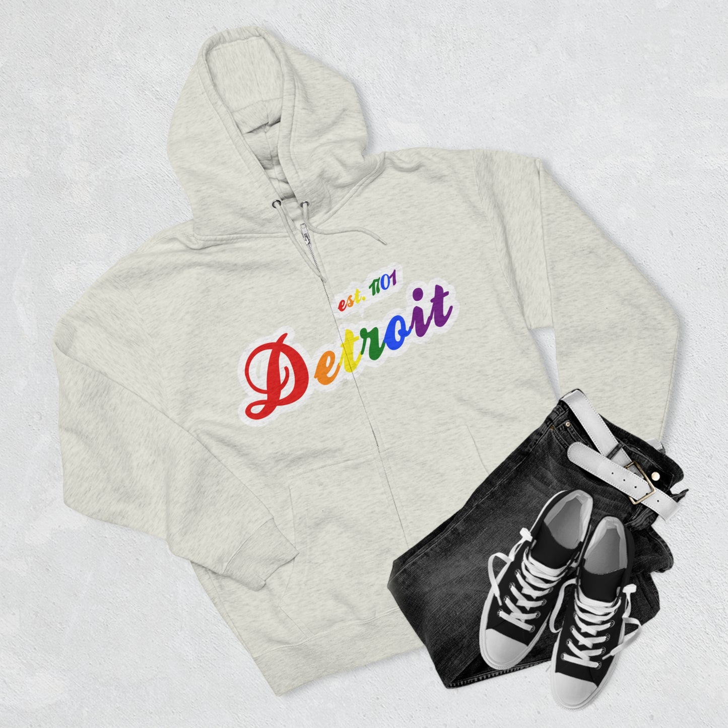 'Detroit EST 1701' Hoodie (Rainbow Pride Script Font) | Unisex Full Zip